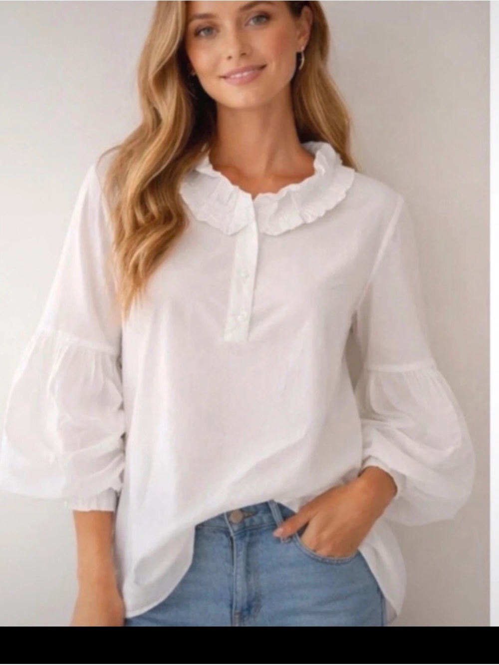 Ruffled Collar White Blouse with Balloon Sleeves 2Xl /chest 50